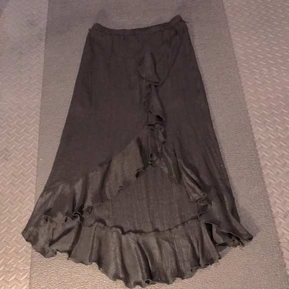 Black Skirt with High-Low Hemline and front slit with cascading ruffles. - Picture 9 of 14